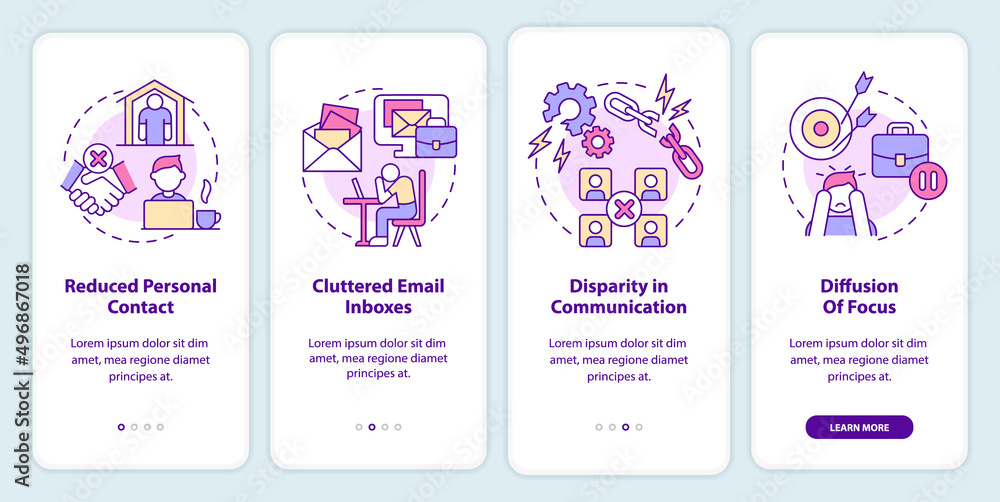 Disadvantages of online collaboration onboarding mobile app screen. Walkthrough 4 steps graphic instructions pages with linear concepts. UI, UX, GUI template. Myriad Pro-Bold, Regular fonts used