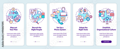 Steps to start virtual office onboarding mobile app screen. Online system walkthrough 5 steps graphic instructions pages with linear concepts. UI, UX, GUI template. Myriad Pro-Bold, Regular fonts used