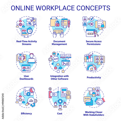 Online workplace concept icons set. Business tools. Virtual office platform idea thin line color illustrations. Isolated symbols. Editable stroke. Roboto-Medium, Myriad Pro-Bold fonts used