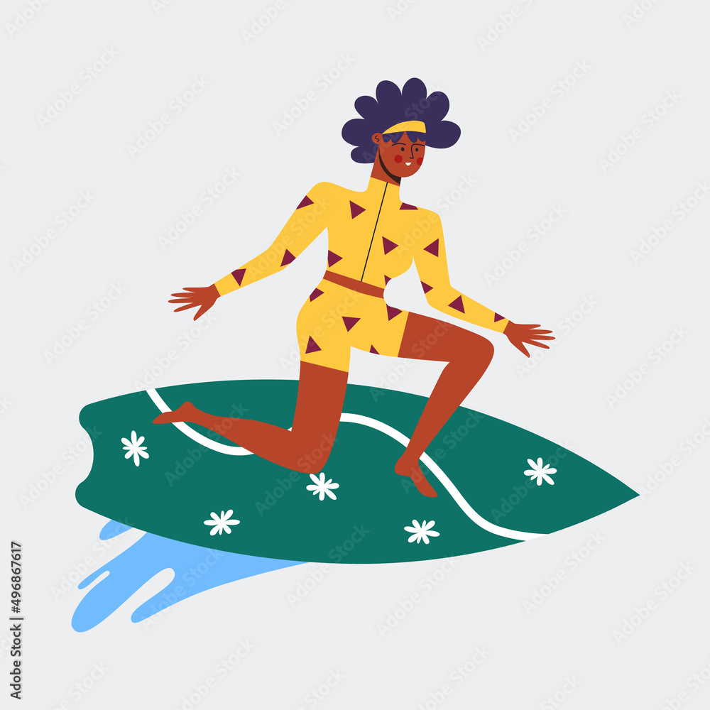 Surfing. A woman floats on the waves. Vector illustration.