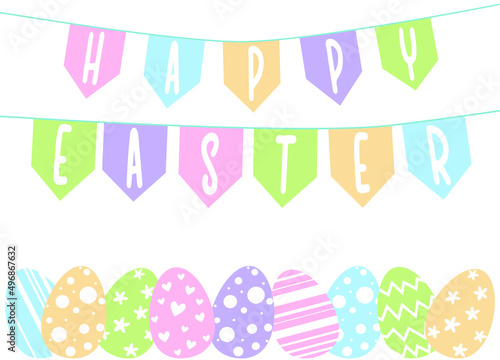 Happy Easter Card. Garland with inscription Happy Easter.  Garland of colorful flags and eggs.  Cute colorful spring greeting card for Easter holiday. Vector illustration isolated on white background.