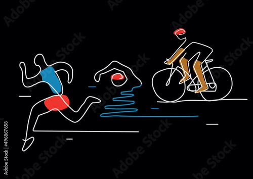 WTriathlon cycling swimming , line art. Illustration of Triathlon athletes. Continuous Line Drawing . Vector available.
eb