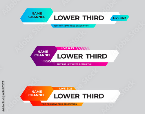 set of colored vector lower thirds for news titles and credits, channel name and time