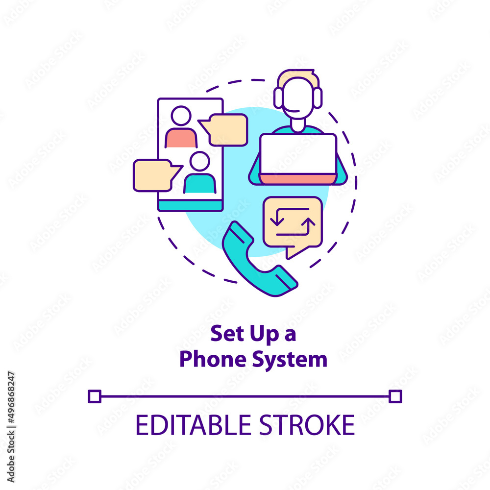 Set up phone system concept icon. Online workplace tool. Step to start virtual office abstract idea thin line illustration. Isolated outline drawing. Editable stroke. Arial, Myriad Pro-Bold fonts used Set up phone system concept icon. Online workplace tool. Step to start virtual office abstract idea thin line illustration. Isolated outline drawing. Editable stroke. Arial, Myriad Pro-Bold fonts used