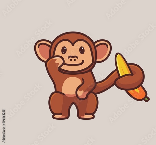 cute monkey holding banana with his tail. isolated cartoon animal nature illustration. Flat Style suitable for Sticker Icon Design Premium Logo vector. Mascot Character