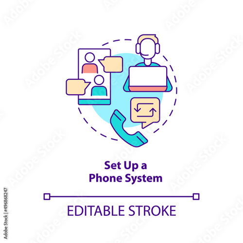 Set up phone system concept icon. Online workplace tool. Step to start virtual office abstract idea thin line illustration. Isolated outline drawing. Editable stroke. Arial, Myriad Pro-Bold fonts used