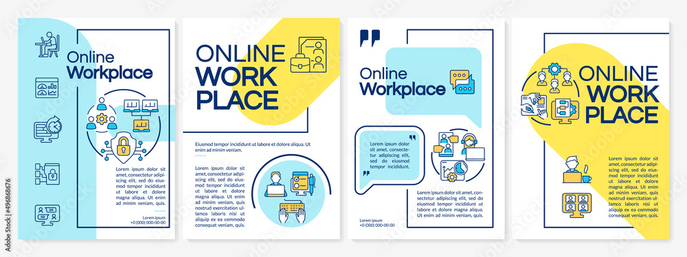 Online workplace blue and yellow brochure template. Virtual office building. Leaflet design with linear icons. 4 vector layouts for presentation, annual reports. Questrial, Lato-Regular fonts used
