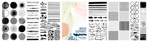 Set of hand drawn brush elements, textures and patterns and graphic elements. Vector illustration concepts for graphic and web design, packaging design, marketing material