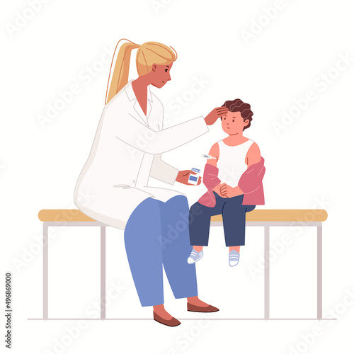 Medical diagnostics, treatment in hospital. Doctor in pediatric office of school checks boy's temperature, symptom of cold, touches forehead of child, prescribes and gives kid medicine. Vector.