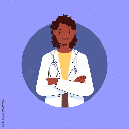 Avatar of smiling African American female doctor or nurse in white coat holding stethoscope. Character is isolated. Flat color illustration. Vector. 