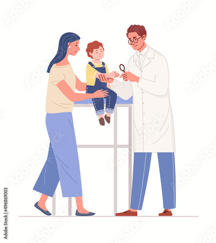 Concept of pediatric dermatology, skin diseases. Dermatologist examines child's hand with magnifying glass. Mother at reception with her son at allergist. Vector illustration flat cartoon isolated.