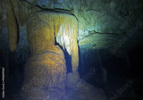 Cave formations in cenote Dreams Gate, Yucatan Peninsula, Mexico, underwater photograph 