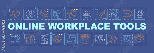 Online workplace tools word concepts dark blue banner. Organize virtual office. Infographics with icons on color background. Isolated typography. Vector illustration with text. Arial-Black font used