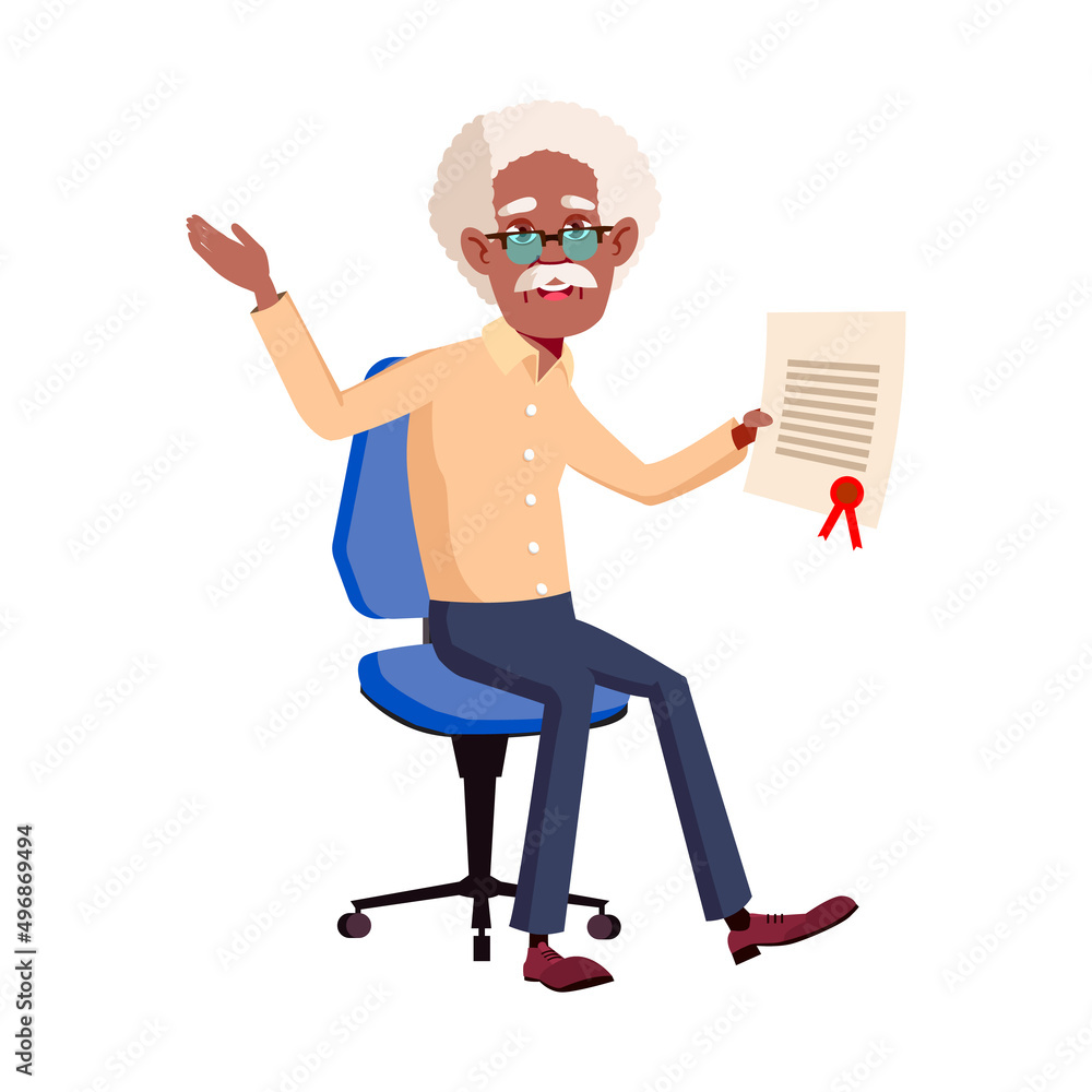 Old Man Holding Certificate List Reward Vector. African Aged Grandfather Sitting On Chair And Hold Certificate Document Won In Game Competition. Mature Character Winner Flat Cartoon Illustration