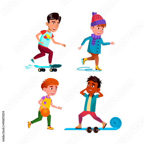 School Children Boys Sport Activity Set Vector. Schoolboys Playing Basketball And Training Fitness Exercise, Riding On Skateboard And Skates Sport. Characters Flat Cartoon Illustrations
