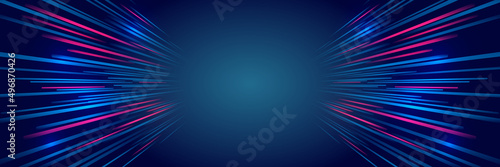 Modern high-tech background for presentations and websites. Abstract background with glowing dynamic lines. Futuristic red-blue stripes in the form of a fast tunnel, moving stars. photo