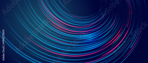 Modern high-tech background for presentations and websites. Abstract background with glowing dynamic lines. Futuristic wavy red-blue stripes with arrows. photo