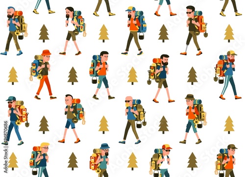 Hikers with backpack seamless pattern. Hiking endless pattern. Vector image.