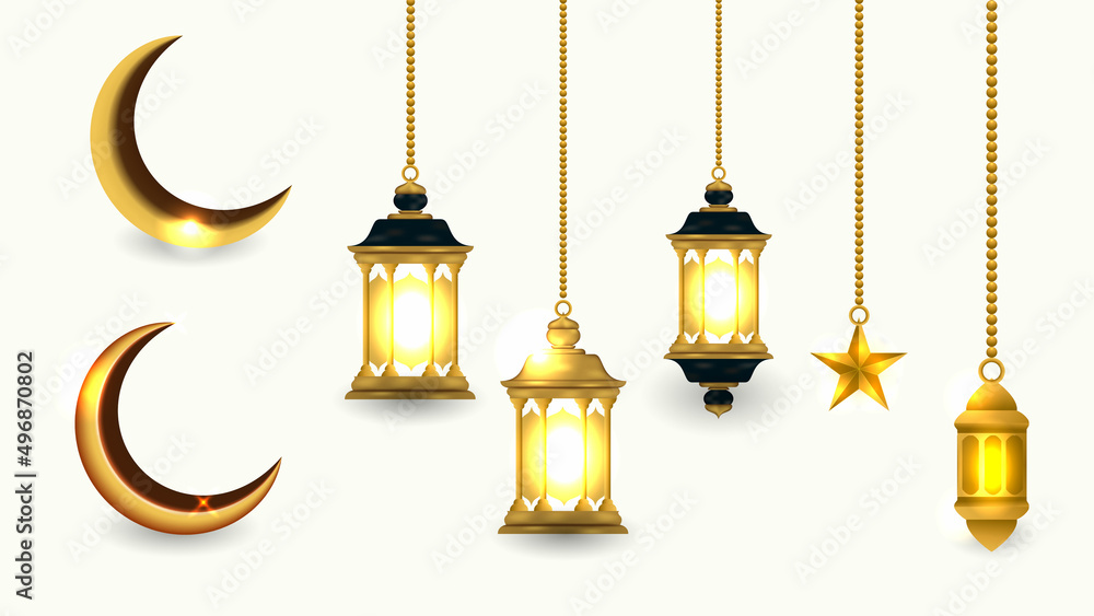 Eid Mubarak and Ramadan lamp,Moon ,Star Element on the wall  Stock-Vektorgrafik