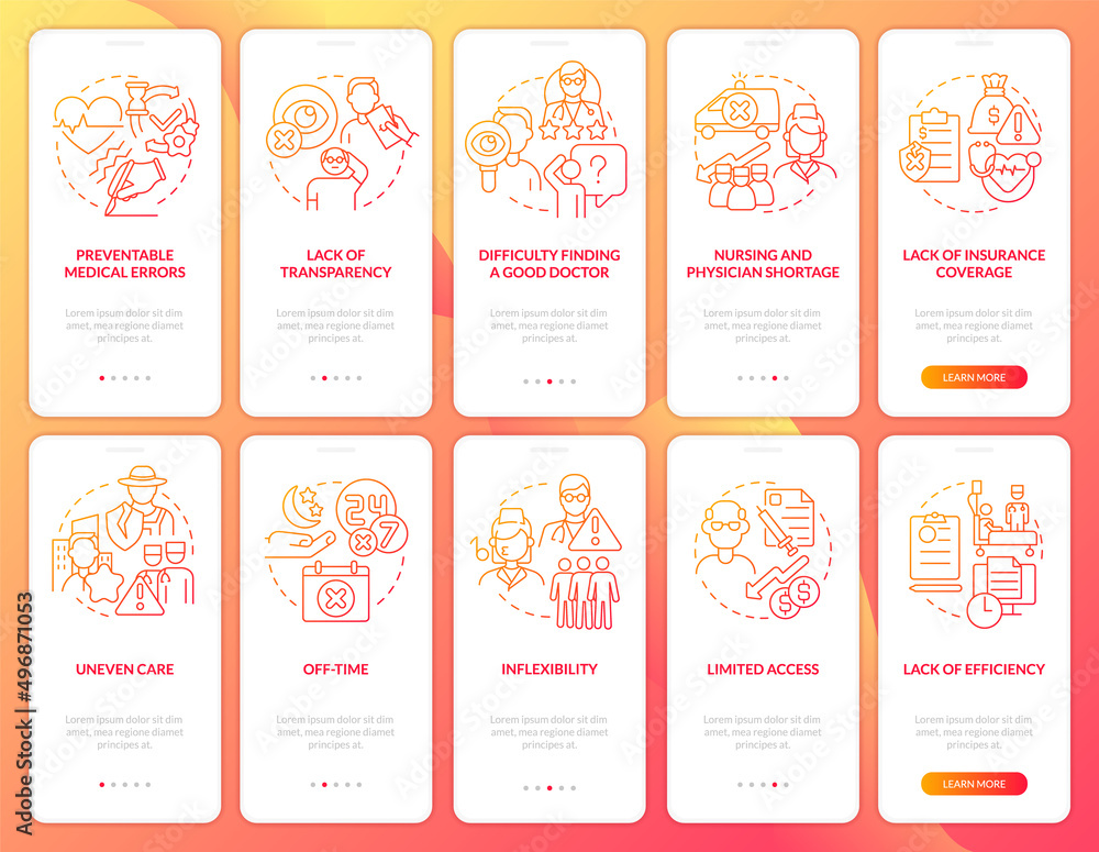 Naklejka premium Complaints about medicare red gradient onboarding mobile app screen set. Walkthrough 5 steps graphic instructions pages with linear concepts. UI, UX, GUI template. Myriad Pro-Bold, Regular fonts used