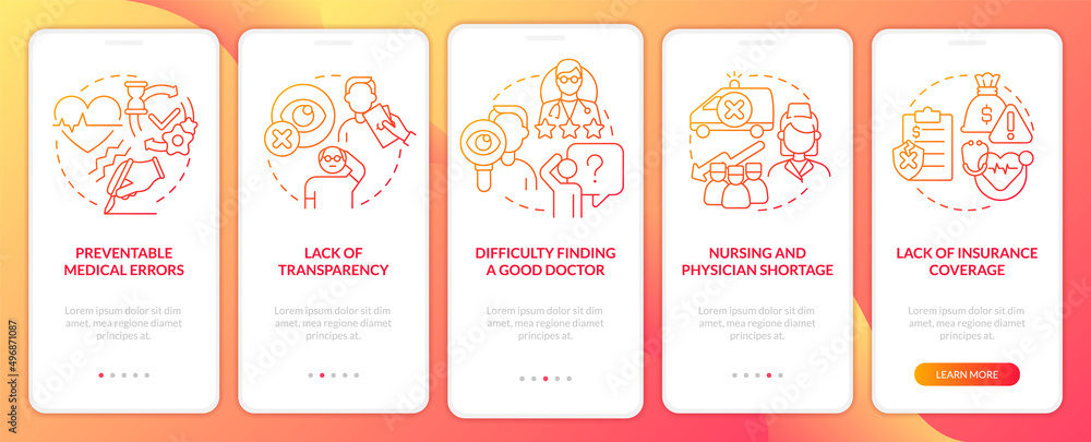 Current healthcare problems red gradient onboarding mobile app screen. Walkthrough 5 steps graphic instructions pages with linear concepts. UI, UX, GUI template. Myriad Pro-Bold, Regular fonts used