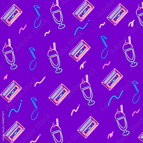 Illustration of neon cream soda drink and tape cassette 0s design element background