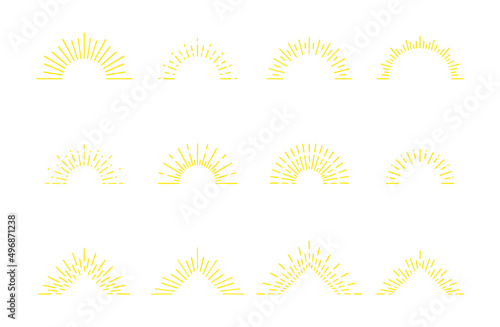 isolated gold doodle sun rays, a set of vintage hand-drawn design elements, halves of the rising sun, explosion, fireworks, vector illustration for logo, emblem, tag, stamp, banner