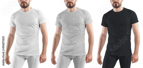 Set of white, black and grey heather mockup of a sporty men's white t-shirt and pants set.