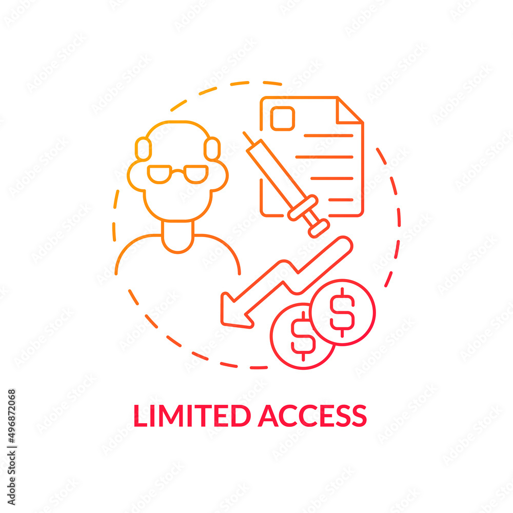 Limited access red gradient concept icon. Lack adequate health insurance abstract idea thin line illustration. Poor health outcome risk. Isolated outline drawing. Myriad Pro-Bold font used Limited access red gradient concept icon. Lack adequate health insurance abstract idea thin line illustration. Poor health outcome risk. Isolated outline drawing. Myriad Pro-Bold font used