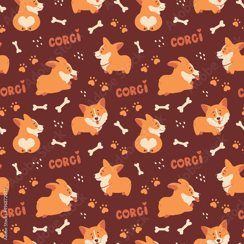 Corgi seamless pattern. Cute and happy welsh corgi puppies and hand drawing letterings. Funny dog characters. Vector background.