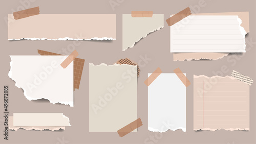 Realistic Brown torn ripped paper sheets collection with washi tape.