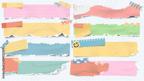 Realistic colorful torn ripped paper sheets collection with washi tape.