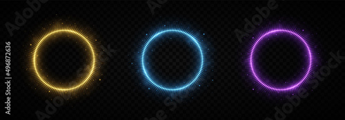 Set of colorful neon circle glowing frames, colored buttons. Frames with lights effects.