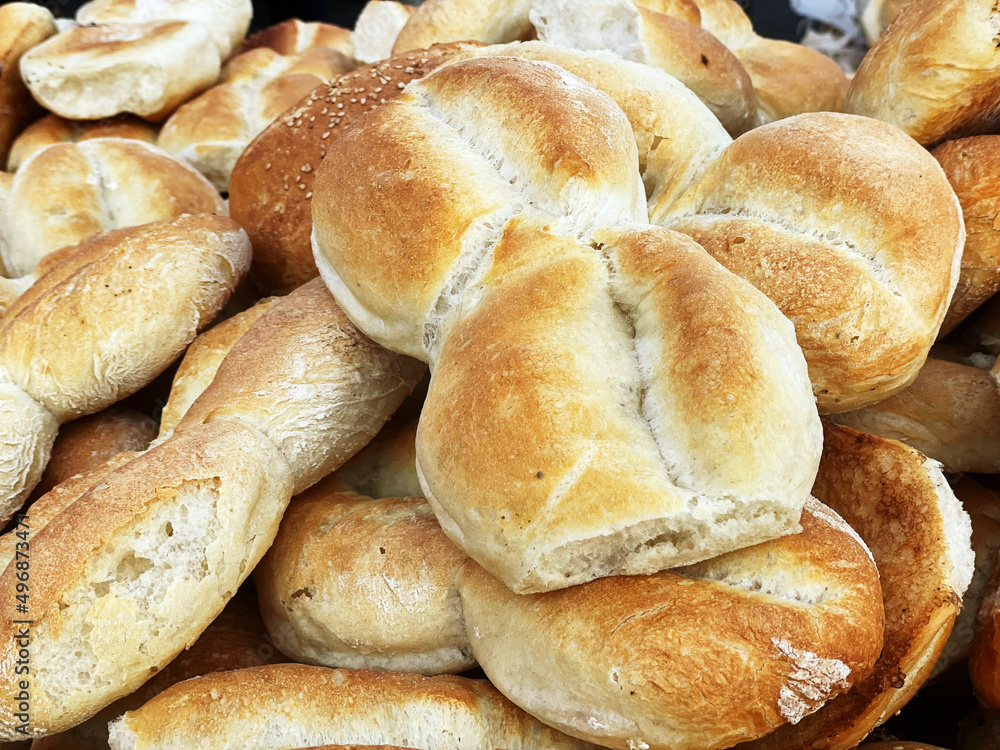 Breads called “torta” for sale in a bread basket, along with other varieties such as “cemita” breads. With the “torta” breads, “tortas” are commonly prepared, a kind of Mexican sandwich Breads called “torta” for sale in a bread basket, along with other varieties such as “cemita” breads. With the “torta” breads, “tortas” are commonly prepared, a kind of Mexican sandwich