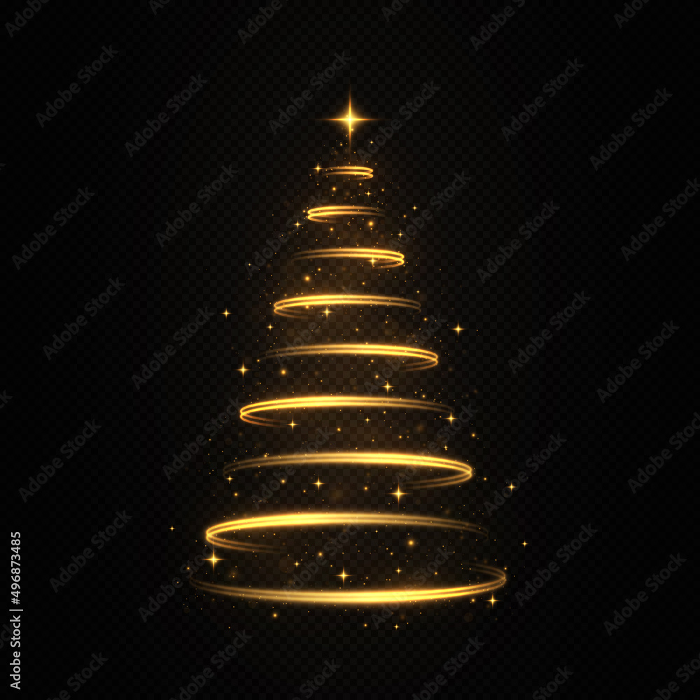 Shiny stylish magical spiral Christmas tree with shining star. Stylized gold Merry Christmas 