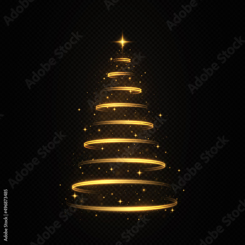 Shiny stylish magical spiral Christmas tree with shining star. Stylized gold Merry Christmas tree silhouette from shiny circle particles on black transparent background.
