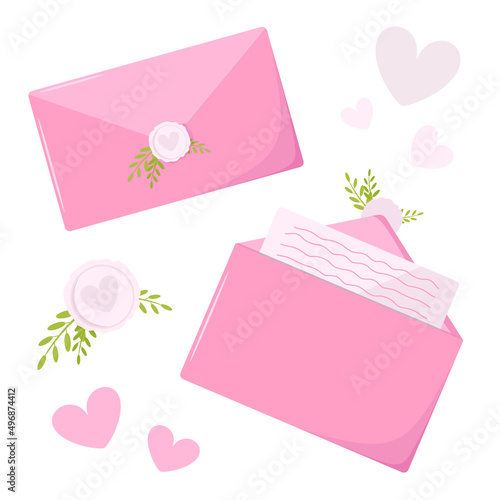 Pink love mail envelope with a stamp and leves on a light background. Envelope with seal. Vector illustration of the wax seal. Design element.