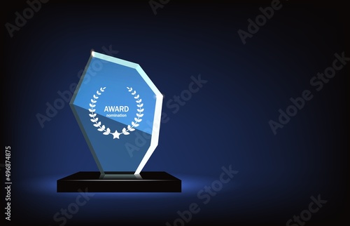 Glass trophy award shining with light. Realistic prize for winner in nomination.