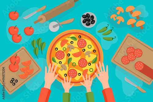 Child with his mother makes delicious Italian pizza from dough, olives, tomato, pepper, salami sausages, lettuce. 
Entertainment for kids with his parents. Cooking at a pizzeria, cafe or restaurant. 