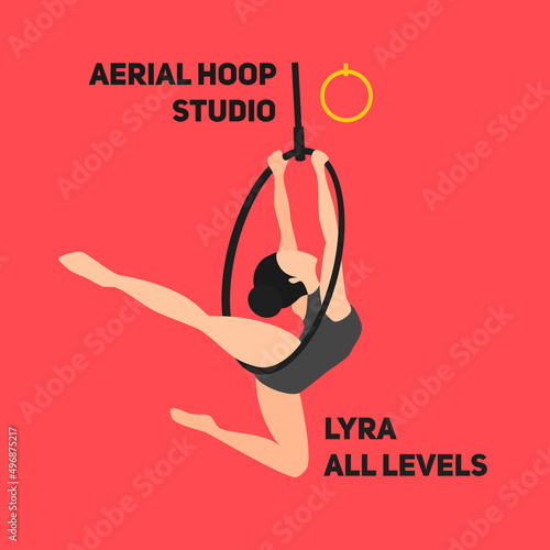 Silhouettes of a gymnast in the hoop (LYRA). Air gymnastics concept. Aerial yoga, woman doing some acrobatic elements flying ring. Flat retro vintage style. The logo for fit studio. 