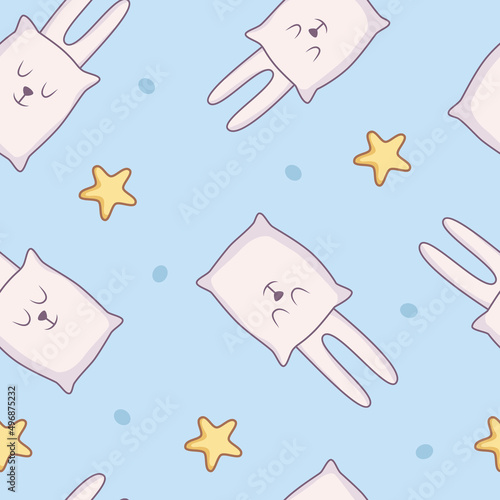 Cute pillow toy Bunny with long rabbit ears, crescent, stars. Print for T-shirt, kids wear fashion, baby shower invitation card, textile graphic, book in kindergarten, cartoon child, wallpaper. Pastel