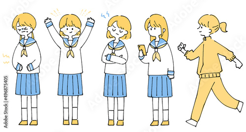 人物イラストセット_女子高生_ツートンカラー