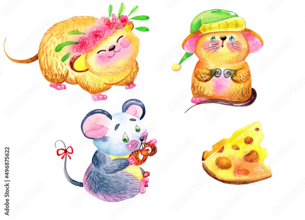 Naklejka premium set of watercolor illustrations cartoon mouse, clipart