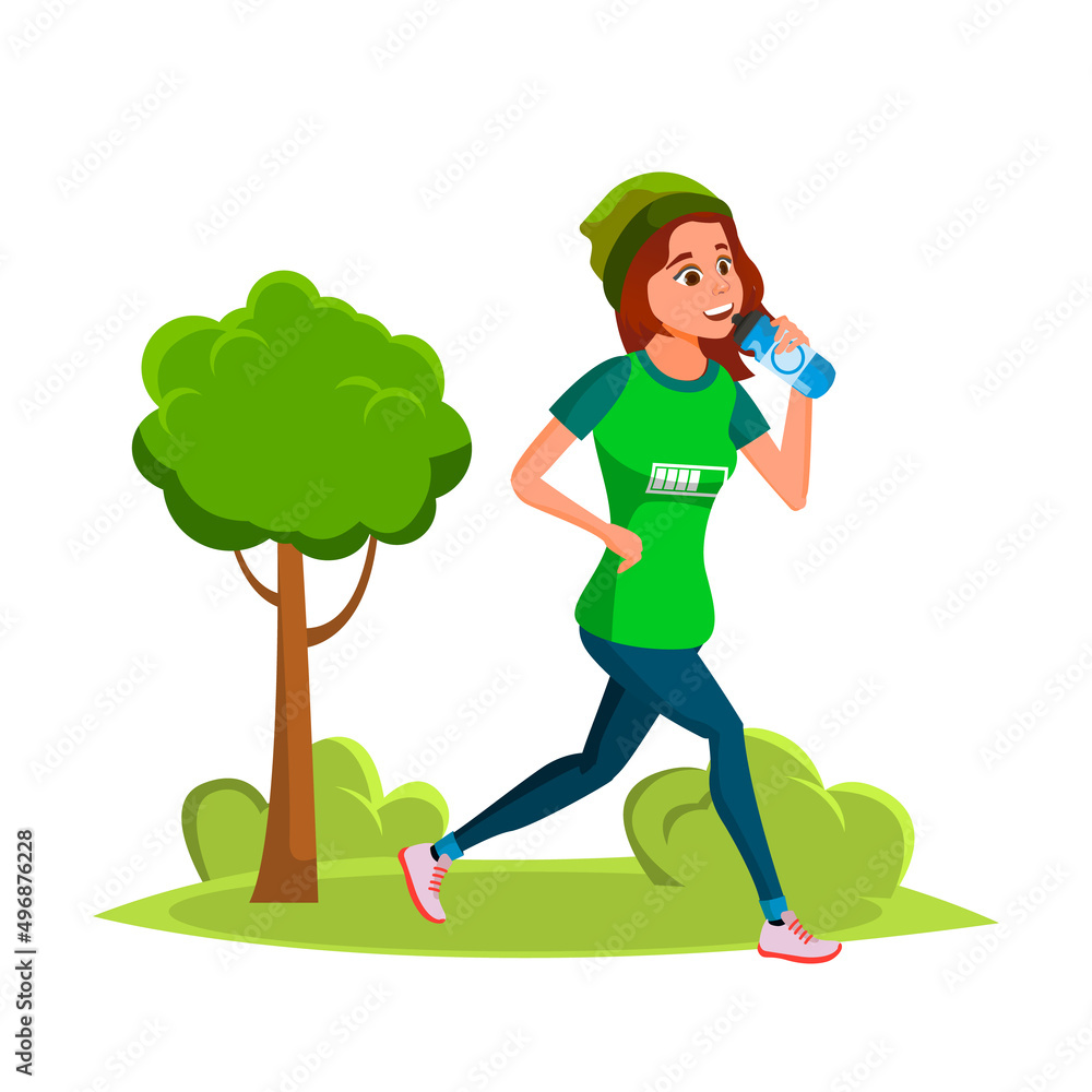 Girl Running In Park And Drinking Water Vector. Young Woman Jogging Outdoor In Nature And Drinking Healthy Drink From Bottle. Character Fitness Sport Time Outside Flat Cartoon Illustration Girl Running In Park And Drinking Water Vector. Young Woman Jogging Outdoor In Nature And Drinking Healthy Drink From Bottle. Character Fitness Sport Time Outside Flat Cartoon Illustration