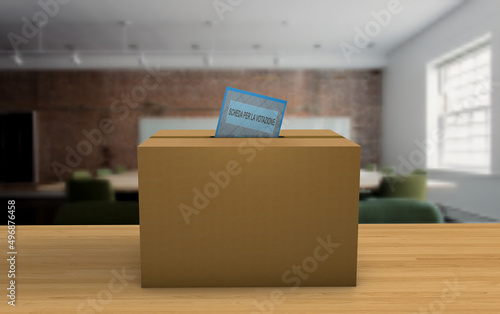 Valokuva cardboard box as an urn for inserting ballot papers for voters for election day