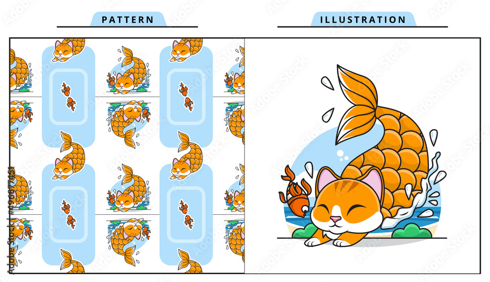 Illustration Vector Graphic of Adorable Cat Mermaid with Decorative Seamless Pattern