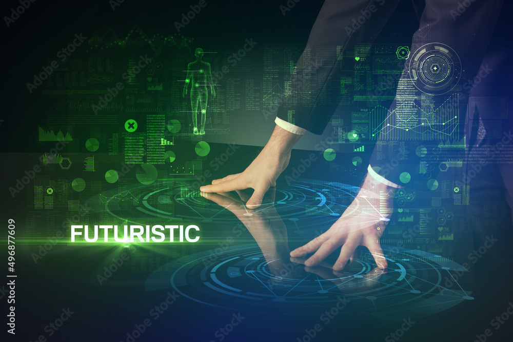Businessman touching huge display concept Businessman touching huge display concept