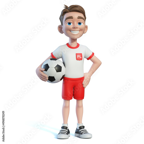 Little boy football player wearing a Poland national team kit, shirt and shorts. Cartoon character as Poland soccer team mascot 3d rendering