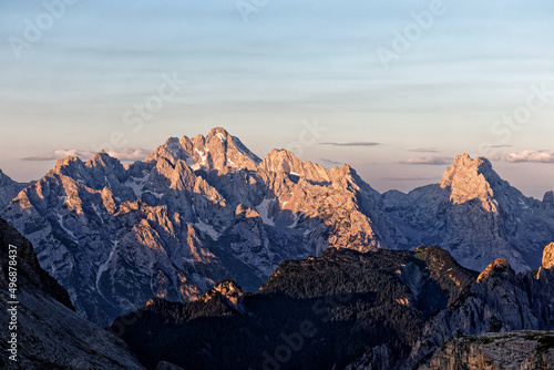 Peaks of the Marmarole Dolomites and the Antelao in the first morning light, mountains in summer, Alps, Italy, Europe