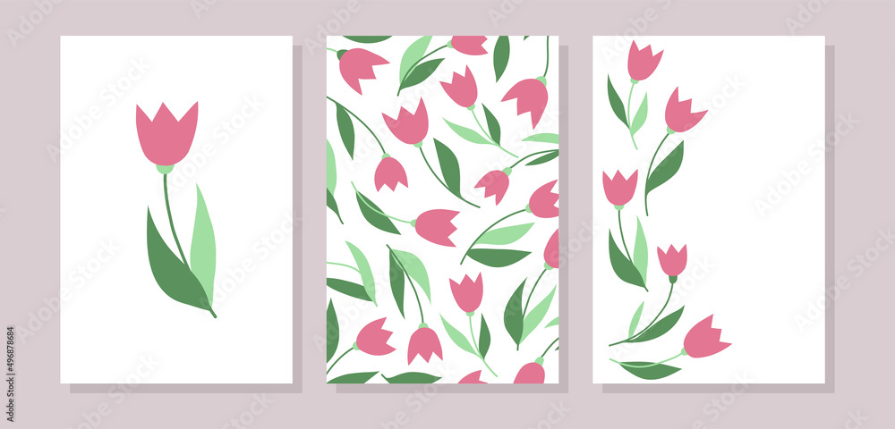 Blooming pink tulip flowers on white background template. Vector set of floral invitations, greeting cards, vouchers, brochures and posters.
